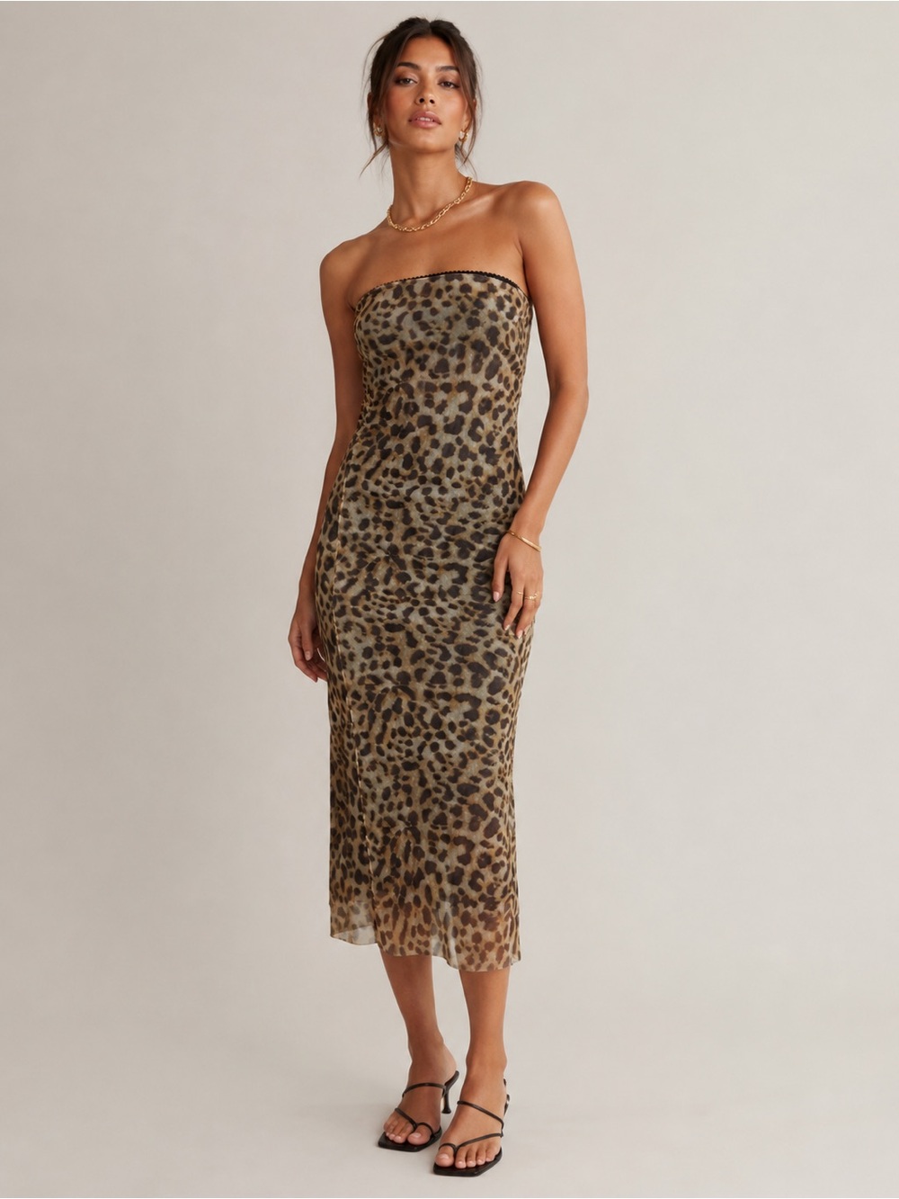Noisy May Strapless Leopard Print Midi Dress